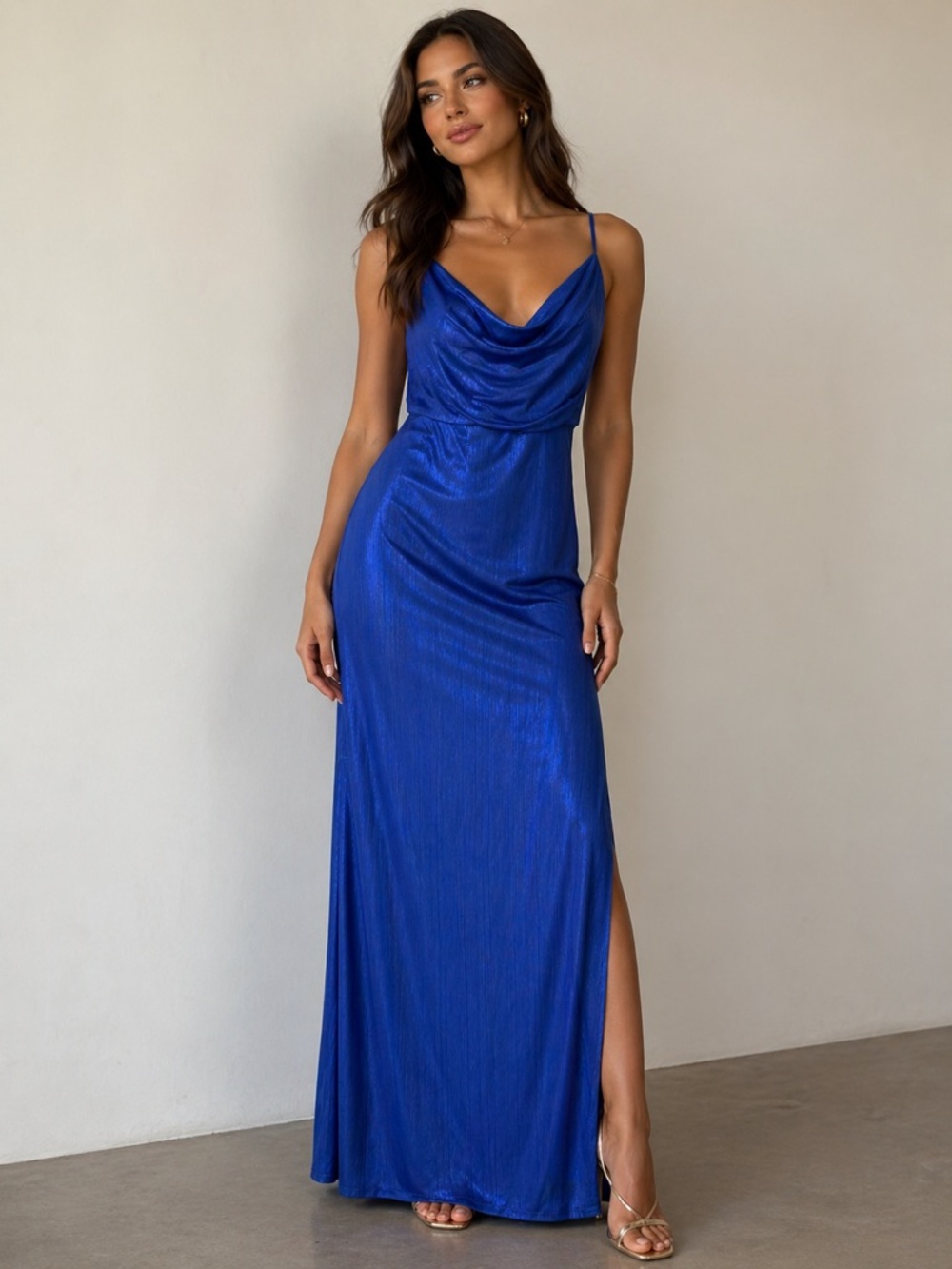 Laundry Royal Blue Metallic Maxi Dress Womens Size 10 Cowl Neck Ruched Side Slit